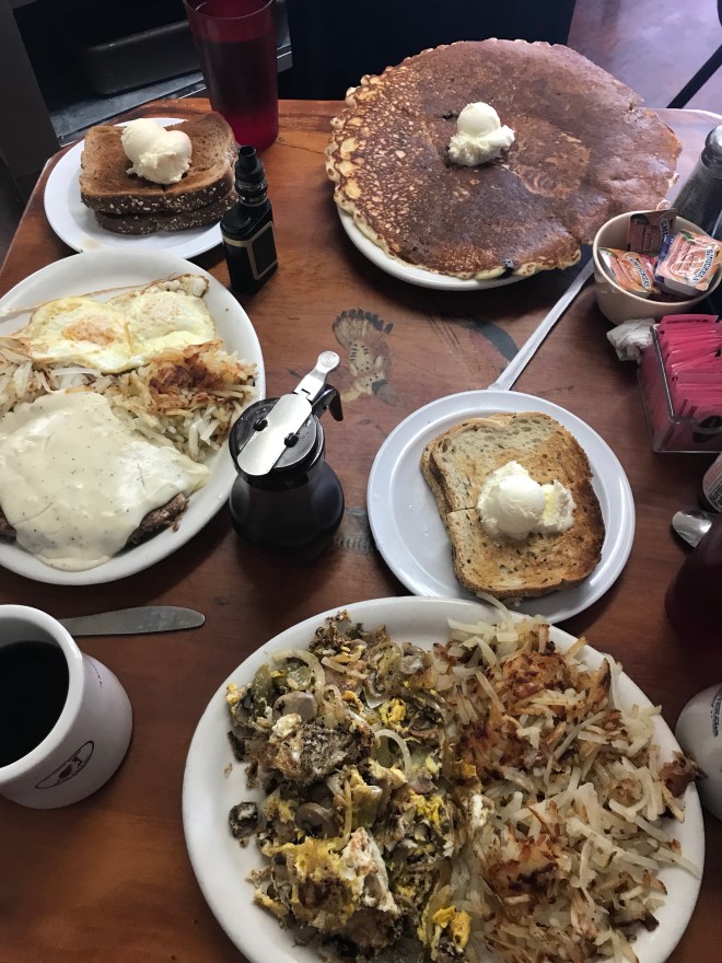 Giant blueberry pancake, chicken fired steak, scramble and hash